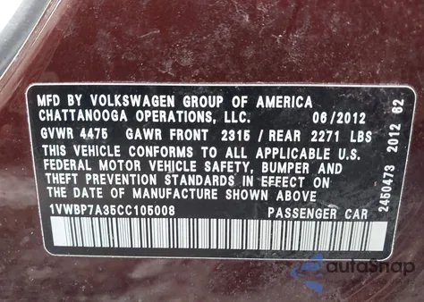 2012 Volkswagen Passat 2.5L Se z USA, uszkodzony, nr VIN 1VWBP7A35CC105008